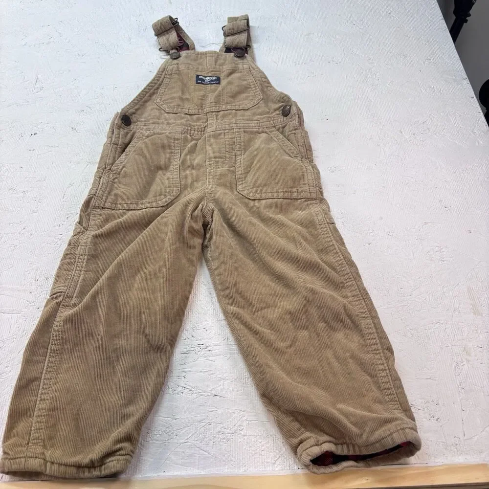 OshKosh B'gosh Vestbak 2T Corduroy Lined Brown Overalls Red/Black Bufallo Plaid